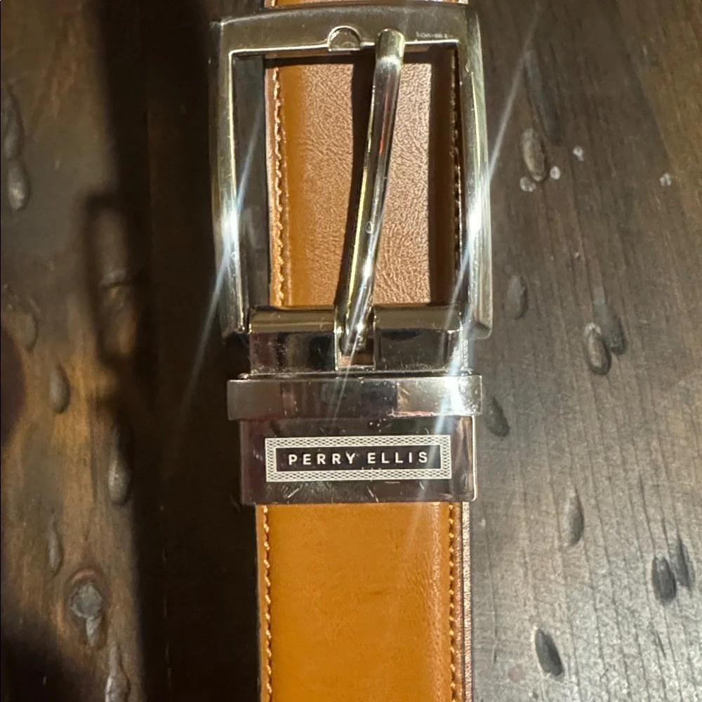 Perry Ellis Brown and Black Leather Reversible Belt with Silver Buckle
